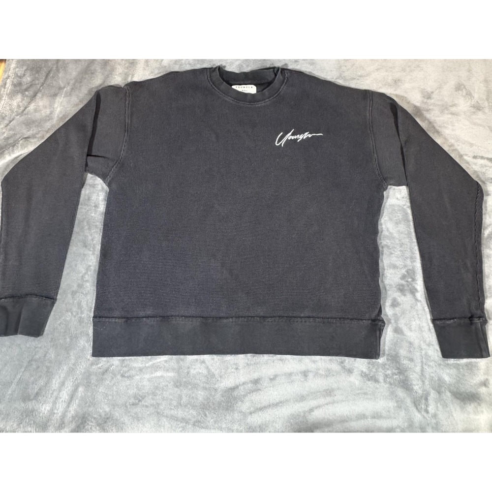 YoungLA Sweatshirt Mens Medium Black Thermal Waffle Knit Crewneck Logo Pullover